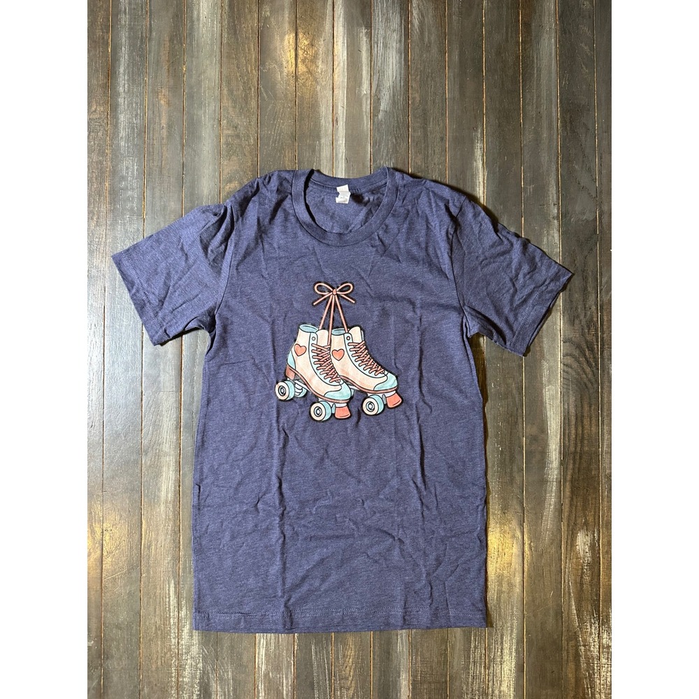 Roller Skate Graphic T-Shirt Heather Blue Retro Heart Tee Small‎